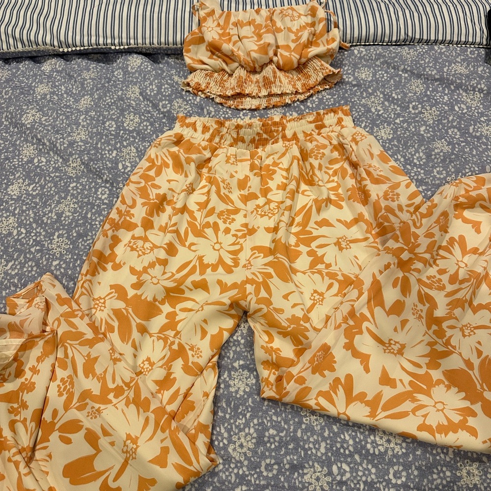 Pink Lily Floral Two-Piece Set in Orange and Cream